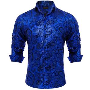 lot 20759 image: DiBanGu Silk Blue Long Sleeve Dress Shirt for Men Shiny Royal Blue Paisley Printed Shirts Wrinkle Free Dance Party Shirt
