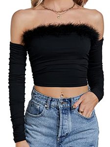 lot 20761 image: Rooscier Womens Off Shoulder Long Sleeve Feather Sexy Crop Top Tee Blouse Solid Black Large