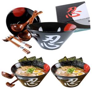 lot 20784 image: HAKONE YOSEGI Ceramic Japanese Ramen Bowl Set (Black, 60oz)