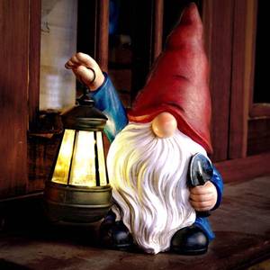 lot 20792 image: WONDHOME Garden Gnome Statue with Shovel Solar Gnomes Statue with Lantern LED Outdoor Decor Lights,Terrace Courtyard Lawn Patio Porch Decoration Christmas Housewarming Gift �