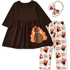 lot 20794 image: Aalizzwell Toddler Girls Thanksgiving Outfits, Little Girl Turkey Ruffle Tunic Top Pants Clothes Set (White, 3-4T)