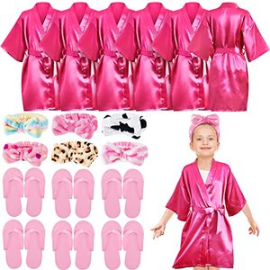lot 20797 image: Jecery 18 Pcs Spa Party Supplies for Girls 6 Satin Kimono Robe 6 Spa Headband 6 Disposable Foam Pedicure Slippers (Rose,Size 6)ONLY 1 ROBE