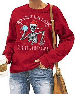 lot 20799 image: MAIHUN Merry Christmas Sweatshirt Women Funny Skeleton Xmas Shirt Skull Santa Long Sleeve Pullover Tops L