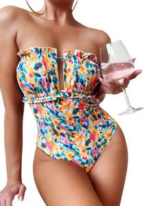 lot 20800 image: MakeMeChic Womens Strapless Bathing Suit Color Block Frill Trim Tie Back Bandeau One Piece Swimsuit Multicolor L