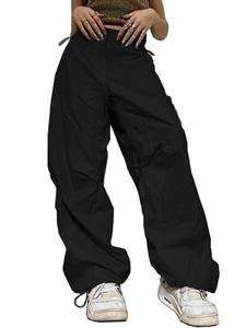 lot 20809 image: LQI Parachute Pants for Women Drawstring Low Rise Women Baggy Cargo Pants Stylish Y2K Wide Leg Hippie Joggers E Black