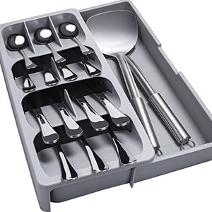 lot 20812 image: KAKUNM Silverware Utensil Organizer - Expandable Kitchen Drawer Organizer, Adjustable Utensil Organizer for Kitchen Drawers, Spoon Knife and Fork Partition Storage,Large, Gray