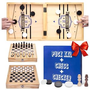 lot 20820 image: Fast Sling Puck Game XXL - 3 in 1 with Checkers Game and Chess Board - Large Size 24x12in - Wooden Board Games by Zenagame
