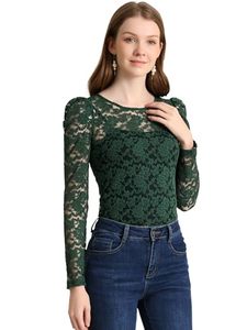 lot 20853 image: Allegra K Womens Lace Embroidery Semi Sheer Vintage Puff Sleeve Top X-Large Dark Green