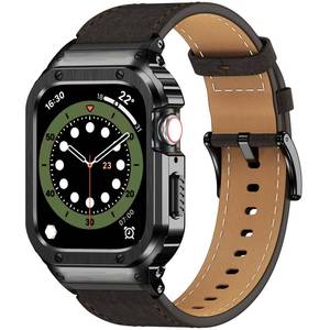 lot 20854 image: SUPLINK Stainless Steel Case and Bands Compatible with Apple Watch Bands 42mm 44mm,Leather Strap Rugged Cover for iWatch Bands Series SE 6 5 4 3 2 1 Men Woman