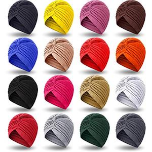lot 20872 image: 16 Pieces Stretch Turban Headwrap Polyester Cap India Turban Head Bennie Cover Twisted Pleated Head Wrap Headwear for Women Girls, 16 Colors
