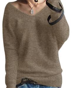 lot 20885 image: LINY XIN Womens V-Neck Sweater Fall Winter Warm 100% Merino Wool Batwing Long Sleeve Knitted Pullover Oversized Sweater (Tan,S)