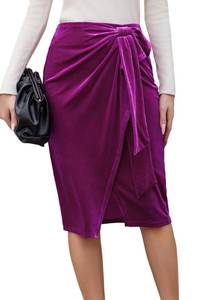 lot 20889 image: Kate Kasin Womens Velvet Midi Skirt Elastic High Waisted Ruched Bodycon Wrap Winter Skirt Rose Purple S