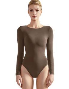 lot 20892 image: SUUKSESS Women Long Sleeve Bodysuit Basic Crew Neck Thong Body Suit Shirts Top (Dark Brown, M)
