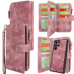 lot 21075 image: Harryshell Detachable Magnetic Zipper Wallet Leather Case with Cash Coin Pocket 12 Card Slots Holder Wrist Strap Lanyard for Samsung Galaxy S22 Ultra (2022) Flower (Rose Pink)