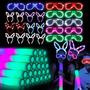 lot 21079 image: 48PCS Glow in the Dark Party Supplies, Wedding Light Up Party Favors - 24pcs 16 Foam Glow Sticks, 12pcs LED Glasses and Bunny Ear Headband for Kids Adults Easter Concert Carnival Birthday Neon Party