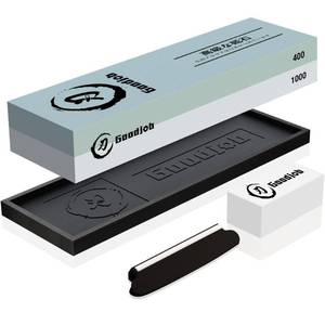 lot 21099 image: Knife Sharpening Stone Kit - Goodjob Premium Japanese Whetstone Knife Sharpener Stone Set - Dual Grit 4001000 Water Stone with Non-Slip Silicone Base, Angle Guide, Flattening Stone