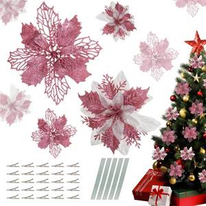 lot 21104 image: vannyster 24Pcs 5.55.9in Christmas Poinsettia Flowers, 2 Styles Glitter Christmas Tree Flowers with Cilps Stems for Party Wreath Garland Christmas Tree Ornaments Decorations, Pink