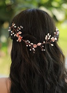 lot 21114 image: Missgrace Bridal Flower and Leaf Rose Gold Crystal Hair Vine Wedding Vintage Headpiece Women Leaf Headband Bohemian Rose Gold Headpiece Bridal and Wedding Hair accessories Festival Party Headpiece