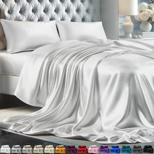 lot 21141 image: DECOLURE Satin Sheets Full Size Set 4 Pcs - Silky & Luxuriously Soft Satin Bed Sheets w 15 inch Deep Pocket - Double Stitching, Wrinkle Free (White)