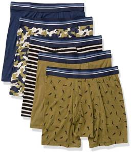 lot 21154 image: Amazon Essentials Mens Tag-Free Boxer Briefs, Pack of 5, Black White StripeCamoDark BlueMilitary GreenWarrior, X-Large