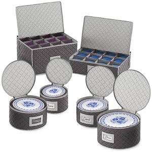 lot 21173 image: Woffit China Storage Containers - 6 Pack, Quilted Dinnerware & Stemware Set Bins for Packing Dishes and Glasses w 48 Felt Protectors - Essential Dish Supplies for Moving, Christmas, Seasonal Storage