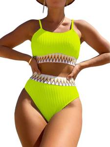 lot 21184 image: Lilosy High Waisted Tummy Control Bikini Striped Ribbed Women Cheeky Brazilian Bathing Suit Set Leg Rise Bottom Spaghetti Strap Crop Top 2 Piece Swimsuit Neon Green Large