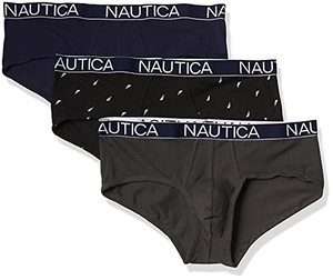 lot 21192 image: Nautica Mens 3 Pack Cotton Stretch Brief, PeacoatCharcoalSail Print-Black White, Large