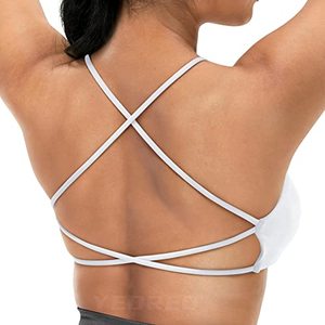 lot 21195 image: YEOREO Pearl Womens Sports Bra Strappy Criss Cross Back Bra Removable Padded Yoga Crop Top White M