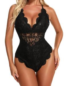 lot 21214 image: Namifin Lingerie V-Neck Floral Lace Babydoll Sexy Lingerie for Women One Piece Bodysuit Black XLATGE