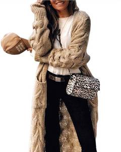 lot 21222 image: ZIWOCH Womens Long Cardigan Coats Cable Knit Casual Open Front Long Sleeve Loose Sweater with Pockets Khaki