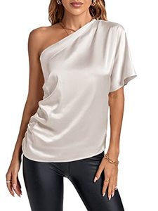 lot 21229 image: LYANER Womens Summer Satin One Shoulder Ruched Batwing Short Sleeve Blouse Shirt White Medium
