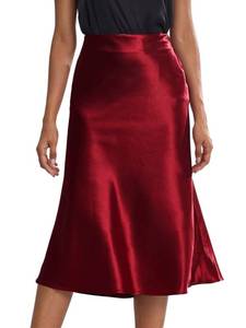 lot 21240 image: Rooscier Womens Silky Satin High Waist A Line Flared Zipper Elegant Midi Skirt Solid Wine Red Large