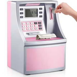 lot 21250 image: ARTISHION Kids ATM-Style Piggy Bank, Large Money Box with Rechargeable Battery, Ideal for 6 7 8 9 10 11 12 Year Olds, Educational Toy for Financial Literacy, Toys for Girls and Boys Gifts (Pink)