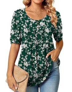 lot 21251 image: POPYOUNG 2024 Spring-Summer Womens Round Neck Puff Short Sleeve loose fit Casual elbow sleeve tunic tops for leggings L,Floral-green