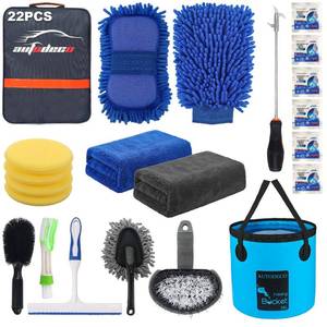 lot 21253 image: AUTODECO 22Pcs Car Wash Cleaning Tools Kit Car Detailing Set with Blue Canvas Bag Collapsible Bucket Wash Mitt Sponge Towels Tire Brush Window Scraper Duster Complete Interior Car Care Kit