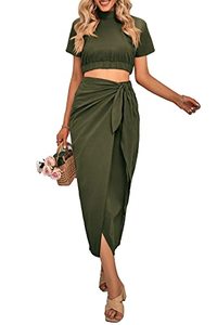 lot 21258 image: CFLONGE Womens 2 Piece Outfits Casual Short Sleeve Crop Top and Draped Ruched Maxi Skirt Set Solid Suiting for Cocktail Party(Army Green,Large)