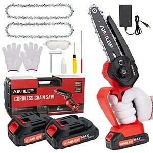 lot 21265 image: Mini chainsaw, AIMILER 6inch Portable Chainsaw, Cordless Chain Saw With 2 Battery Safety and Full Lock for Cutting Trees and Pruning Branches and Gardens.