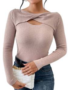 lot 21270 image: Aanova Women Sexy Twist Fornt Cut Out Tops Rib Knit Long Sleeve Shirt Apricot A LW SMALL