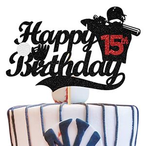 lot 21274 image: Black Glitter Happy 15th Birthday Cake Topper, 15 & FabulousCheers to 15 Years, Baseball Themed Happy 15th Birthday Party Decorations Supplies