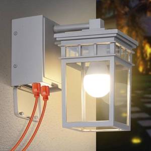 lot 21278 image: Dusk to Dawn Wall Lantern with GFCI Outlet, Outdoor Porch Light with Aluminum Frame and Clear Glass Shade, Waterproof Exterior Lights for House Garage Front Door, Bulb Included(Silver)