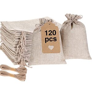 lot 21283 image: Buryeah 120 Pcs Christmas Burlap Bags with Drawstring and 120 Pcs Gift Tags, 7 x 5 inch Burlap Bags with Drawstrings, Jewelry Pouches Linen Sacks for Christmas Birthday Gifts Wedding Party Favors