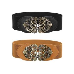 lot 21286 image: LEACOOLKEY 2 Pack Women Vintage Wide Waist Belt for Dress, Elastic Cinch Belt with Retro Interlocking Brass Buckle