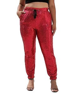 lot 21287 image: J&DHUASHA Womens Casual Sparkly Sequin Pants High Waist Glitter Joggers Pants Bling Party Skinny Pants(Rose Red, 3XL)