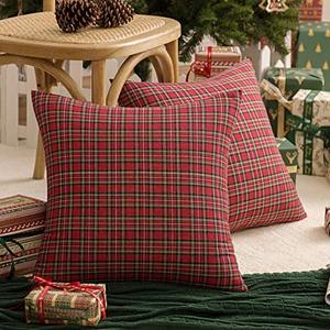 lot 21294 image: AQOTHES Pack of 2 Christmas Plaid Decorative Throw Pillow Covers Scottish Tartan Cushion Case for Farmhouse Home Holiday Decor Red and Green, 18 x 18 Inches