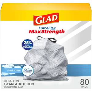 lot 21295 image: Glad ForceFlex MaxStrength X-Large Kitchen Drawstring Trash Bags, 20 Gallon, Fresh Clean Scent with Febreze Freshness, 80 Count