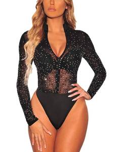 lot 21308 image: SEBOWEL Women Sexy Zipper Front Bodysuit Tops Long Sleeve Rhinestone Studded Jumpsuit Leotard Rompers Top, Black, L
