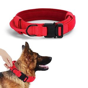 lot 21314 image: Alainzeo Tactical Dog Collar, Military Training Adjustable Nylon Dog Collar with Control Handle and Quick-Release Heavy Metal Buckle for Medium and Large Dogs (Red, L)