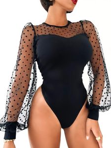 lot 21320 image: LESI OFFICIAL Womens Long Sleeve Bodysuit Polka Dots Sheer Mesh Casual Body Suits Jumpsuit TopsLARGE