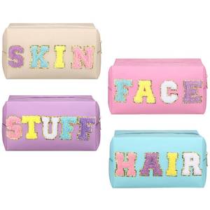 lot 21324 image: Talltalk 4 Pieces Skin Stuff Hair Face Bags Preppy Patch Makeup Bag Cosmetic Bag Preppy Chenille Letter Bag Toiletry with Zipper for Women Teen Girl(Letters, PU Leather)