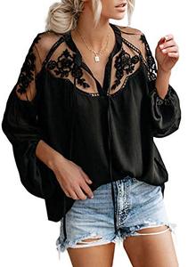 lot 21337 image: Asvivid Crochet Lace V Neck Tops for Women Work Casual Plus Size Lantern Sleeve Shirts Black Chiffon Blouses Flowy T-Shirt XL